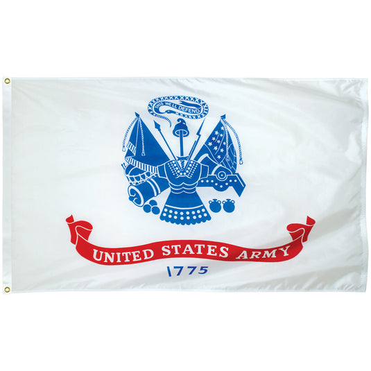 The United States Army flag featuring a white field with a blue seal and a red scroll inscribed with 'United States Army 1775'.