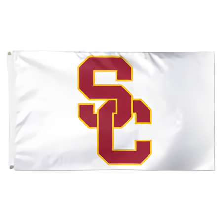 A white flag with the USC Trojans logo in red and brown colors, deluxe 3' x 5' flag.