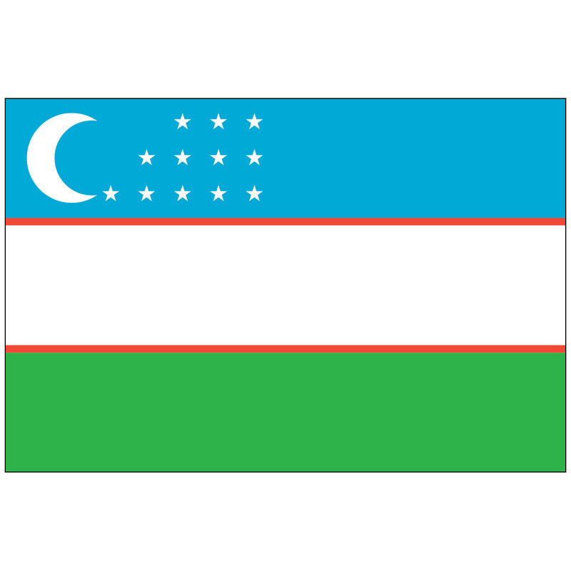 Load image into Gallery viewer, Flag of Uzbekistan: Three horizontal stripes of blue, white, and green. A white crescent and twelve stars are in the top-left blue portion.
