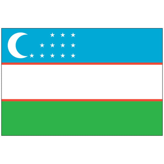 Flag of Uzbekistan: Three horizontal stripes of blue, white, and green. A white crescent and twelve stars are in the top-left blue portion.