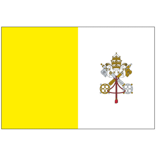 Square-shaped Vatican City Papal World Flag featuring two vertical bands: yellow on the hoist and white on the fly. The white band features the Holy See coat of arms showing the Papal Tiara above the crossed gold and silver Keys of Saint Peter.