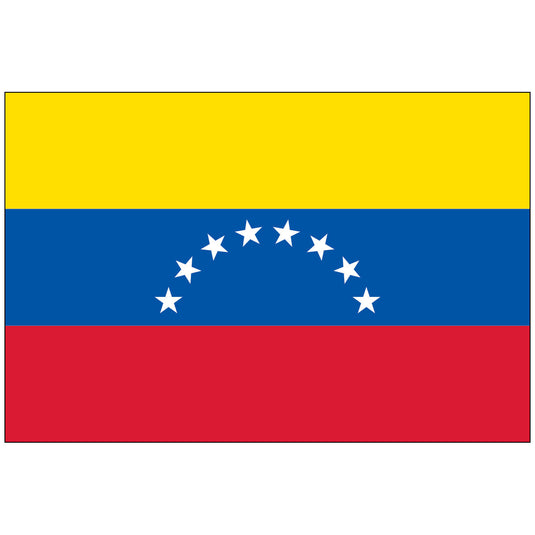 Standard issue Venezuela World Flag with horizontal stripes of yellow, blue, and red. The flag features an arc of eight white five-pointed stars centered on the middle blue stripe, and no coat of arms on the top yellow stripe.