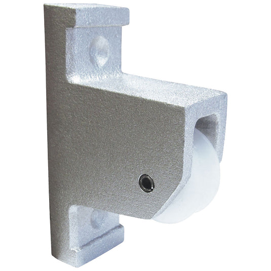 Heavy-duty vertical mount pulley assembly for a flagpole, featuring a silver-colored cast aluminum housing and a white nylon sheave (wheel) visible at the bottom. The bracket has a hole for mounting hardware.