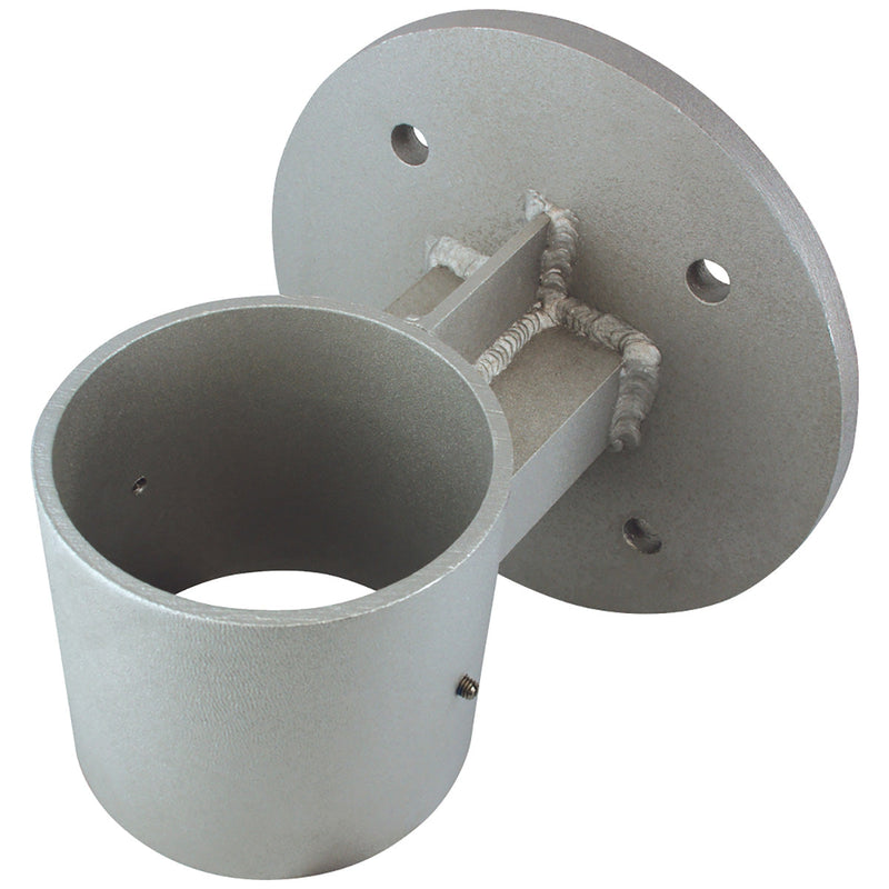 Load image into Gallery viewer, Welded cast aluminum Vertical Wall Mount Flagpole Bracket (LVW6-B) with a circular mounting plate and large pole receiver.
