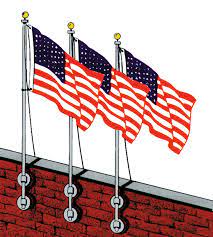 Illustration of three American flags displayed vertically side-by-side using the Franklin Series Vertical Wall Mount Flagpole Set on a brick wall.