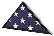 High-gloss, black finish Spartacraft veteran flag case, showcasing a folded US flag with a dark, reflective frame.