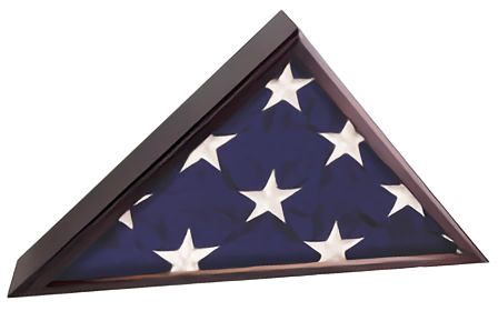 Triangular Spartacraft veteran flag case with a dark, rich wood finish, displaying a respectfully folded American flag with the white stars visible.