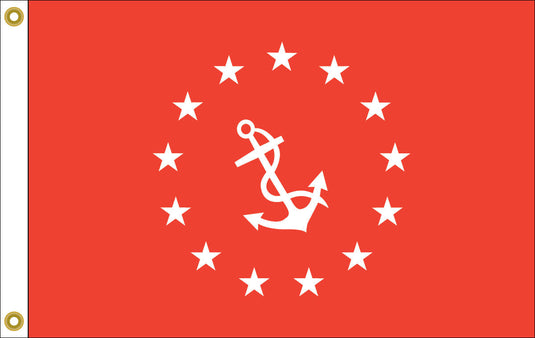 Horizontal Vice Commodore Officer flag for yacht clubs, featuring a solid red field. The center displays a white anchor encircled by twelve white five-pointed stars, designating the rank of Vice Commodore.
