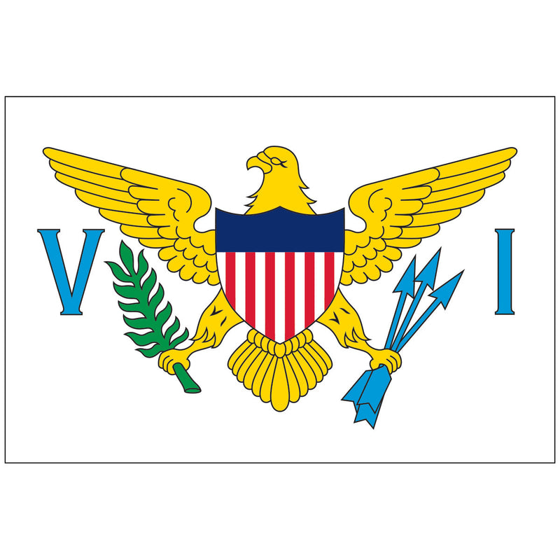 Load image into Gallery viewer, Horizontal Virgin Islands territory flag on white nylon. The flag features a yellow American eagle holding a green olive branch and three blue arrows, flanked by the blue letters 'V' and 'I'.
