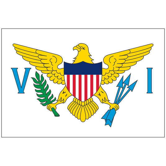 Horizontal Virgin Islands territory flag on white nylon. The flag features a yellow American eagle holding a green olive branch and three blue arrows, flanked by the blue letters 'V' and 'I'.
