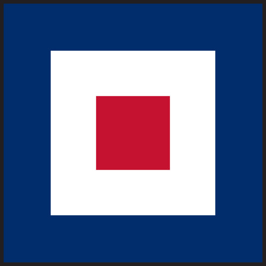 Square W-Whiskey International Code of Signals Flag. It features a solid navy blue border, a central white square, and a small, centered red square inside the white field. This signal means 