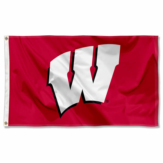 Deluxe Wisconsin Badgers 3x5 flag featuring a solid red field with the team's official logo: a large white stylized 'W' outlined in black.