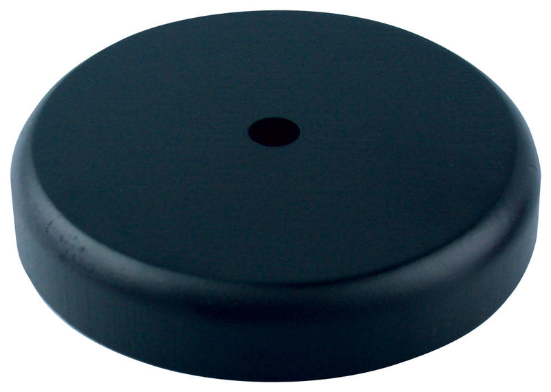 Load image into Gallery viewer, Round wood table base with a black finish for 4x6 inch mounted stick flags, featuring a single centered hole for one flag staff.
