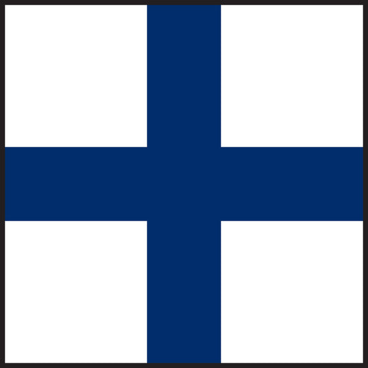 The X (Xray) International Code of Signals flag in a square design, featuring a dark blue cross (St. George's cross, extending to the edges) on a white field. In maritime communication, this signal flag conveys the urgent message: 