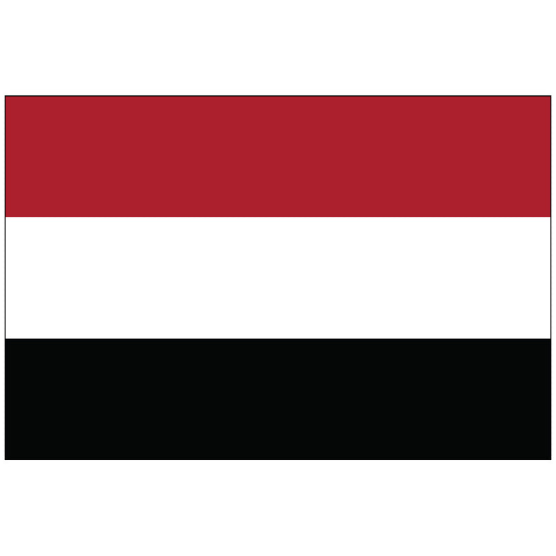 Load image into Gallery viewer, The Nylon World Flag of Yemen, featuring three equal horizontal Pan-Arab bands: red (top, symbolizing the blood of martyrs and unity), white (middle, representing a bright future), and black (bottom, symbolizing the country's dark past).
