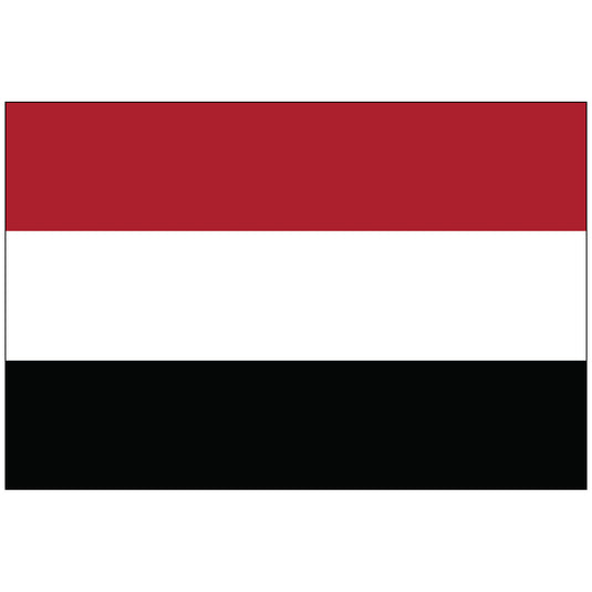 The Nylon World Flag of Yemen, featuring three equal horizontal Pan-Arab bands: red (top, symbolizing the blood of martyrs and unity), white (middle, representing a bright future), and black (bottom, symbolizing the country's dark past).