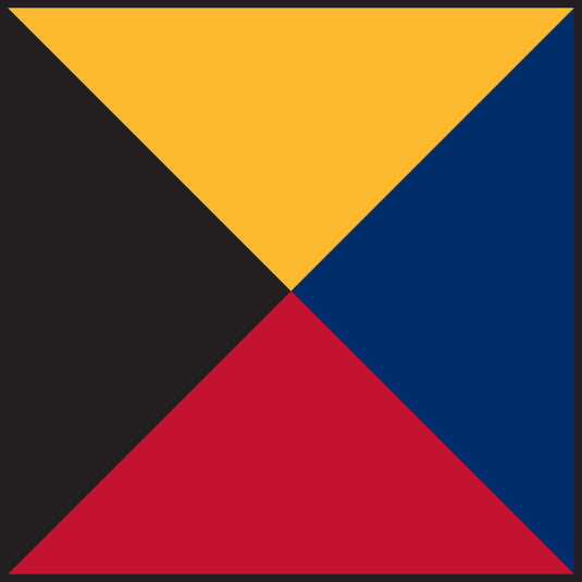 The Z (Zulu) International Code of Signals flag, featuring a square design divided into four triangular quadrants of yellow, black, red, and blue (clockwise from top). In maritime communication, this signal flag means: 