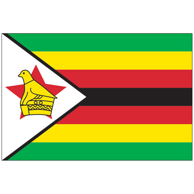 Load image into Gallery viewer, The Nylon World Flag of Zimbabwe features seven horizontal Pan-African stripes (green, yellow, red, black, red, yellow, green) and a white triangle bordered in black at the hoist. Inside the triangle is a red five-pointed star with the yellow Zimbabwe Bird, symbolizing the nation's history and sovereignty.
