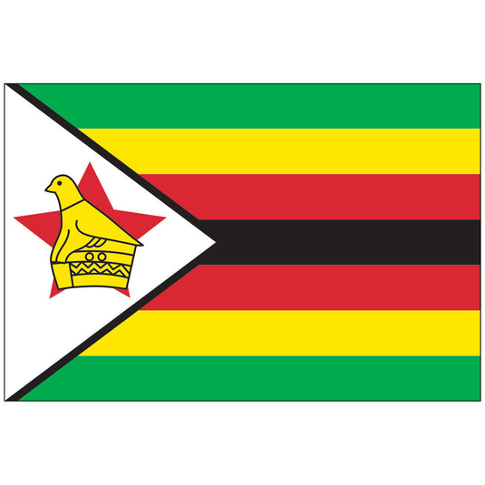 The Nylon World Flag of Zimbabwe features seven horizontal Pan-African stripes (green, yellow, red, black, red, yellow, green) and a white triangle bordered in black at the hoist. Inside the triangle is a red five-pointed star with the yellow Zimbabwe Bird, symbolizing the nation's history and sovereignty.
